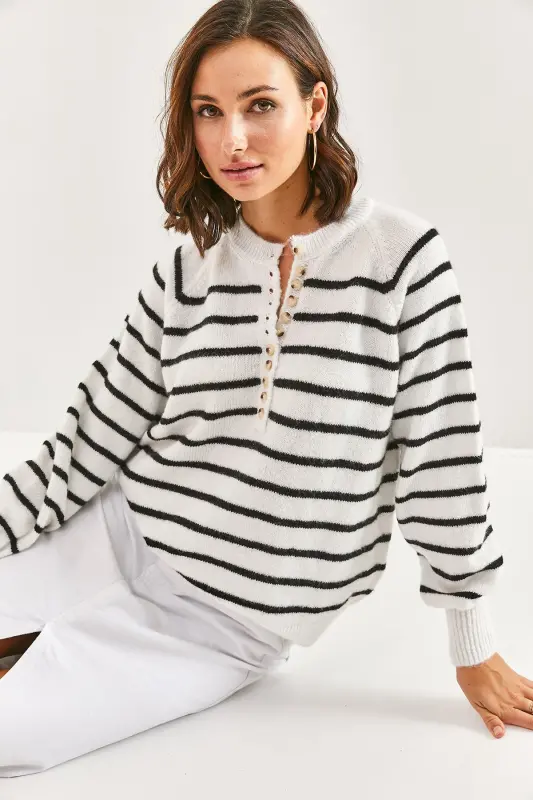 Kadın Yakası İlikli Balıkçı Yaka Çizgili Triko Kazak 20223207-Optik Beyaz - 6