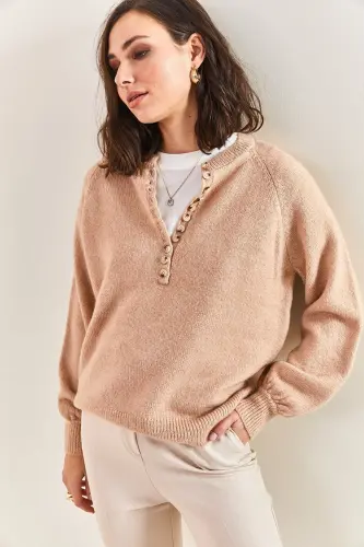 Kadın Yakası İlikli Balıkçı Yaka Çizgili Triko Kazak 20223207-Pudra - BIANCO LUCCI (1)