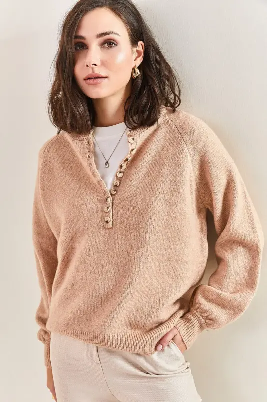 Kadın Yakası İlikli Balıkçı Yaka Çizgili Triko Kazak 20223207-Pudra - BIANCO LUCCI