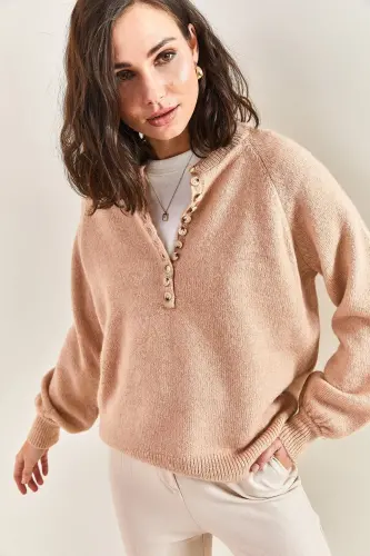 Kadın Yakası İlikli Balıkçı Yaka Çizgili Triko Kazak 20223207-Pudra - 3