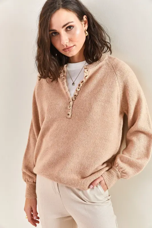 Kadın Yakası İlikli Balıkçı Yaka Çizgili Triko Kazak 20223207-Pudra - 5