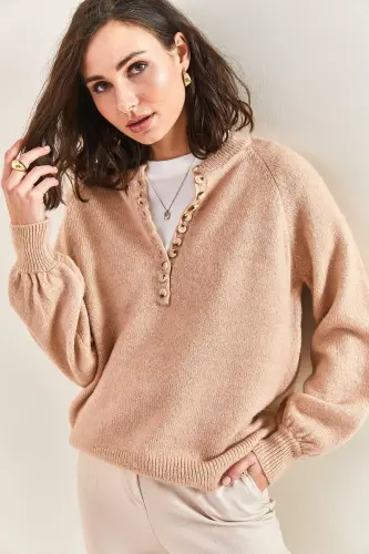 Kadın Yakası İlikli Balıkçı Yaka Çizgili Triko Kazak 20223207-Pudra - 6