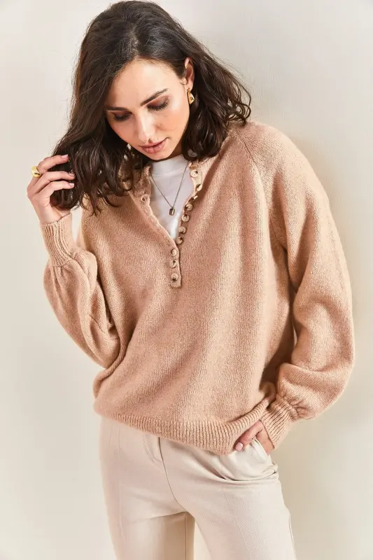 Kadın Yakası İlikli Balıkçı Yaka Çizgili Triko Kazak 20223207-Pudra - 7