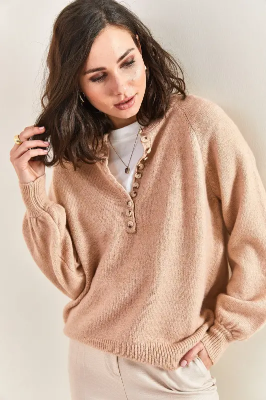 Kadın Yakası İlikli Balıkçı Yaka Çizgili Triko Kazak 20223207-Pudra - 8