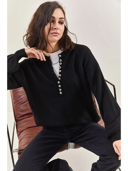 Siyah Kadın Yakası İlikli Balıkçı Yaka Çizgili Triko Kazak-Siyah - 7