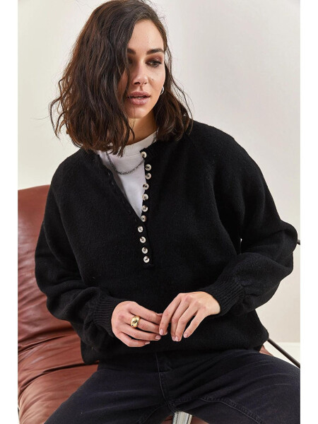 Siyah Kadın Yakası İlikli Balıkçı Yaka Çizgili Triko Kazak-Siyah - 9