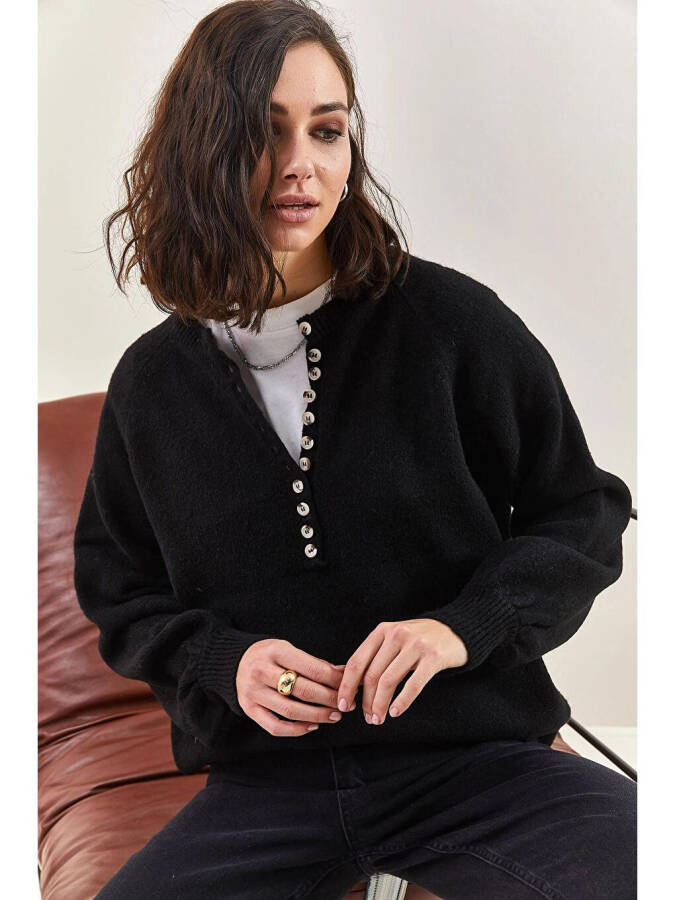 Siyah Kadın Yakası İlikli Balıkçı Yaka Çizgili Triko Kazak-Siyah - 9