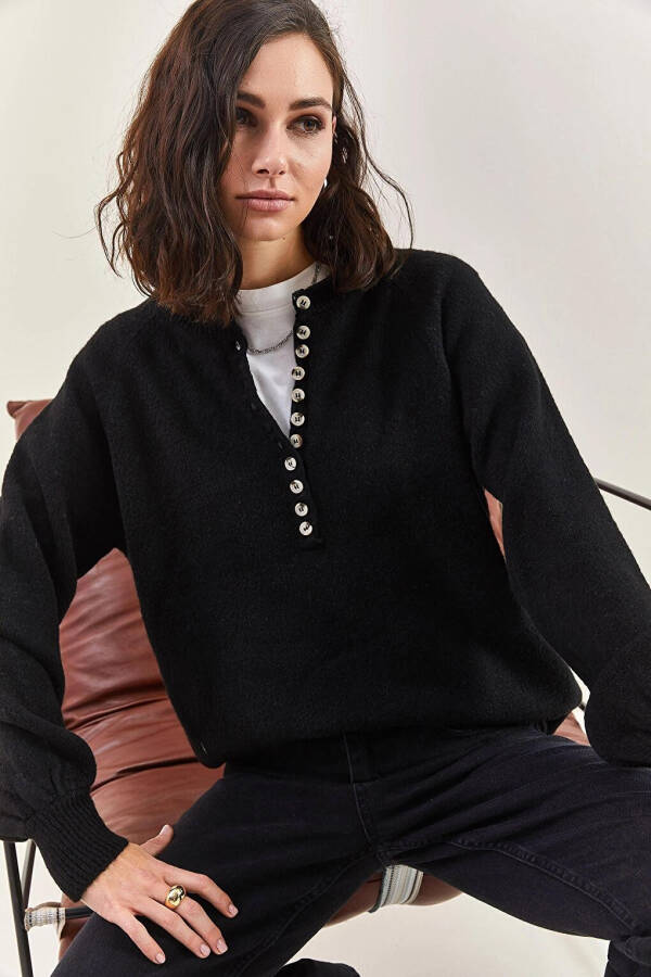 Siyah Kadın Yakası İlikli Balıkçı Yaka Çizgili Triko Kazak-Siyah - 11