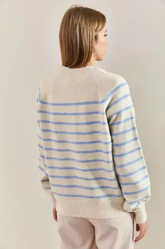 Kadın Yakası Ilikli Balıkçı Yaka Çizgili Triko Kazak-Bej - BIANCO LUCCI (1)