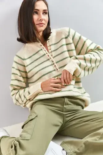 Kadın Yakası Ilikli Balıkçı Yaka Çizgili Triko Kazak-Bej - BIANCO LUCCI (1)