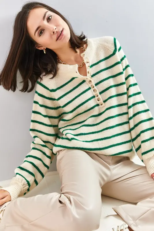 Kadın Yakası Ilikli Balıkçı Yaka Çizgili Triko Kazak-Bej - BIANCO LUCCI