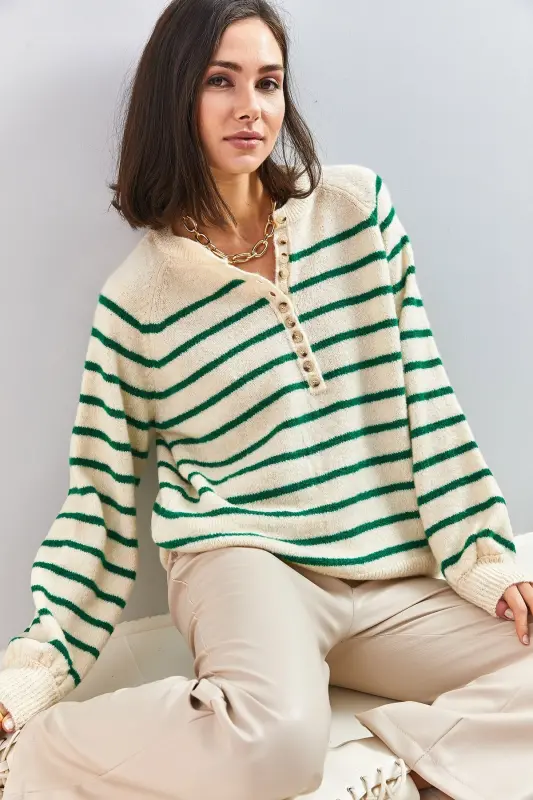 Kadın Yakası Ilikli Balıkçı Yaka Çizgili Triko Kazak-Bej - 3