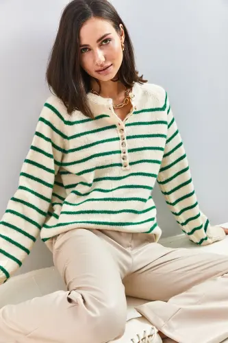 Kadın Yakası Ilikli Balıkçı Yaka Çizgili Triko Kazak-Bej - 4
