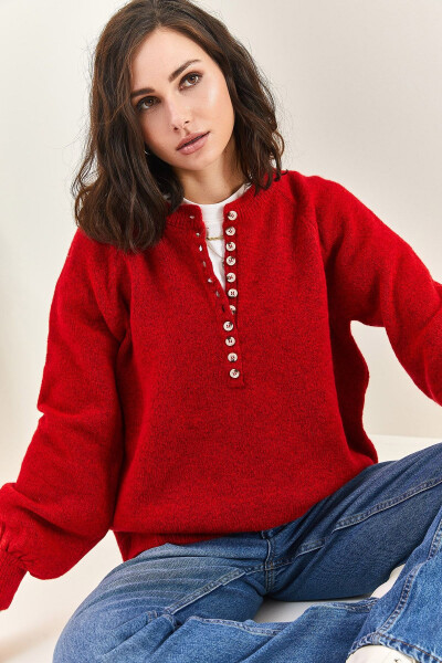 Kadın Yakası Ilikli Balıkçı Yaka Triko Kazak-Bordo - 4