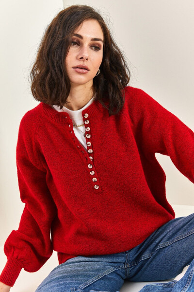 Kadın Yakası Ilikli Balıkçı Yaka Triko Kazak-Bordo - 5