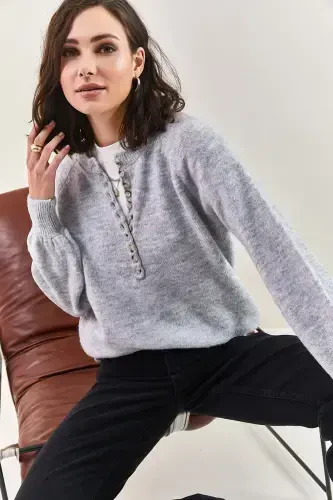 Kadın Yakası Ilikli Balıkçı Yaka Triko Kazak-Gri - BIANCO LUCCI (1)