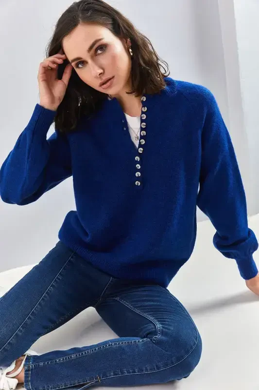 Kadın Yakası Ilikli Balıkçı Yaka Triko Kazak-Lacivert - BIANCO LUCCI