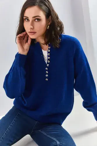 Kadın Yakası Ilikli Balıkçı Yaka Triko Kazak-Lacivert - BIANCO LUCCI (1)