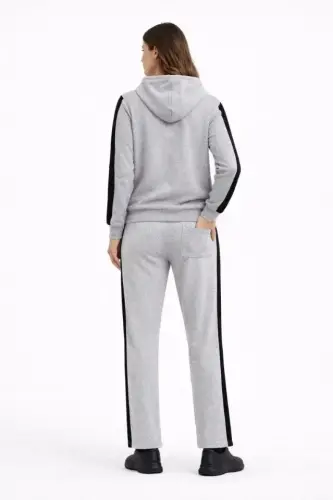KADIN Yandan Şeritli Eşofman Takım Kapüşonlu Sweatshirt Boru Paça Alt, Oversize 3 Iplik Pamuklu - Gri - 4