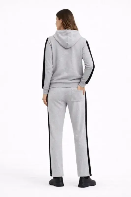 KADIN Yandan Şeritli Eşofman Takım Kapüşonlu Sweatshirt Boru Paça Alt, Oversize 3 Iplik Pamuklu - Gri - 4