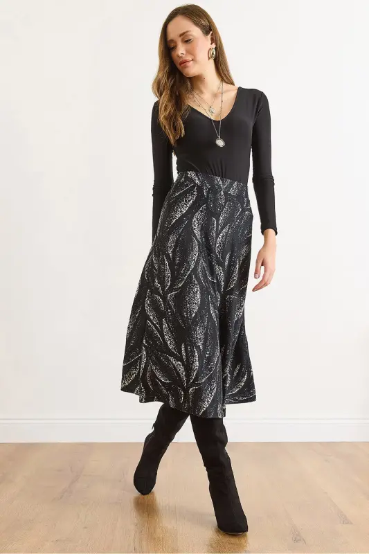 Kadın Yaprak Siyah Beli Lastikli Süet Dokulu Çan Etek ETK-19000141-Yaprak Siyah - OLALOOK