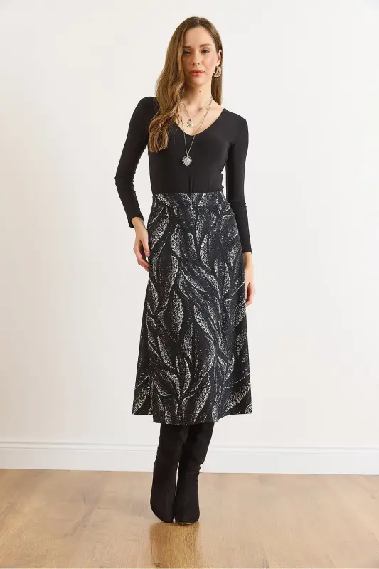 Kadın Yaprak Siyah Beli Lastikli Süet Dokulu Çan Etek ETK-19000141-Yaprak Siyah - 2