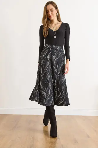 Kadın Yaprak Siyah Beli Lastikli Süet Dokulu Çan Etek ETK-19000141-Yaprak Siyah - 5