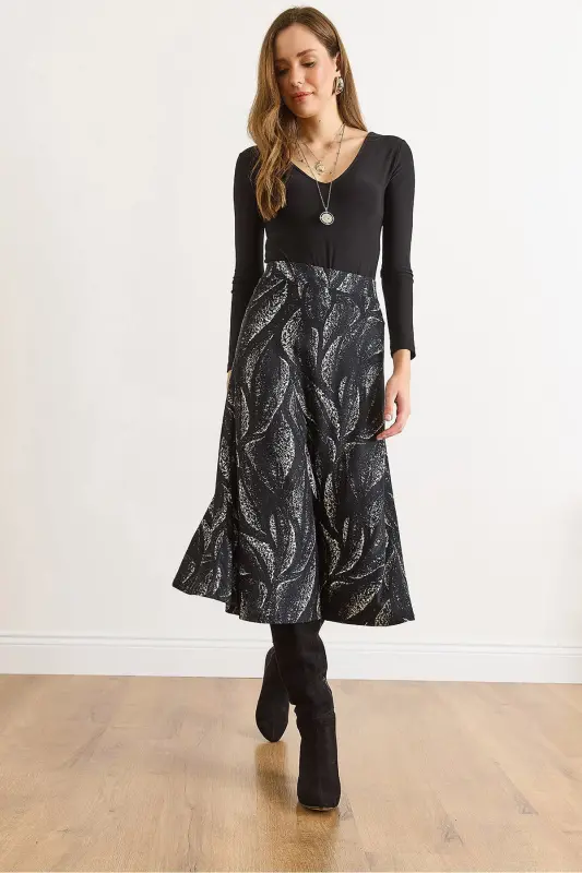 Kadın Yaprak Siyah Beli Lastikli Süet Dokulu Çan Etek ETK-19000141-Yaprak Siyah - 5