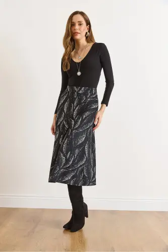 Kadın Yaprak Siyah Beli Lastikli Süet Dokulu Çan Etek ETK-19000141-Yaprak Siyah - 6