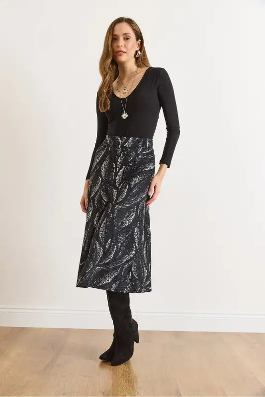 Kadın Yaprak Siyah Beli Lastikli Süet Dokulu Çan Etek ETK-19000141-Yaprak Siyah - 6