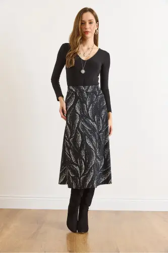 Kadın Yaprak Siyah Beli Lastikli Süet Dokulu Çan Etek ETK-19000141-Yaprak Siyah - OLALOOK (1)