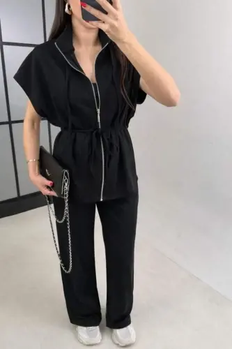 Kadın Yarasa Kol Fermuar Ve Lastikli Bağcık Detay Ceket Pantolon Ikili Takım - 1