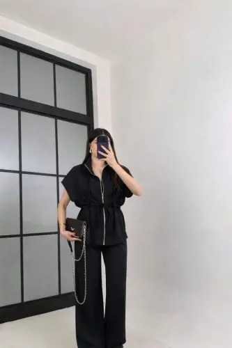 Kadın Yarasa Kol Fermuar Ve Lastikli Bağcık Detay Ceket Pantolon Ikili Takım - BÜYÜKBEDENIZ (1)