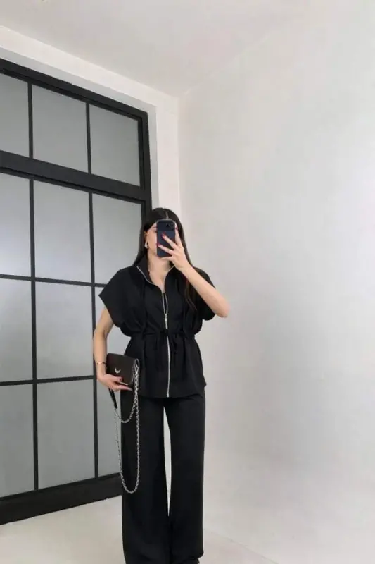 Kadın Yarasa Kol Fermuar Ve Lastikli Bağcık Detay Ceket Pantolon Ikili Takım - 2