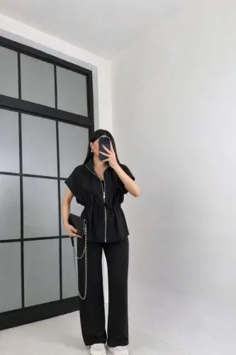 Kadın Yarasa Kol Fermuar Ve Lastikli Bağcık Detay Ceket Pantolon Ikili Takım - 3