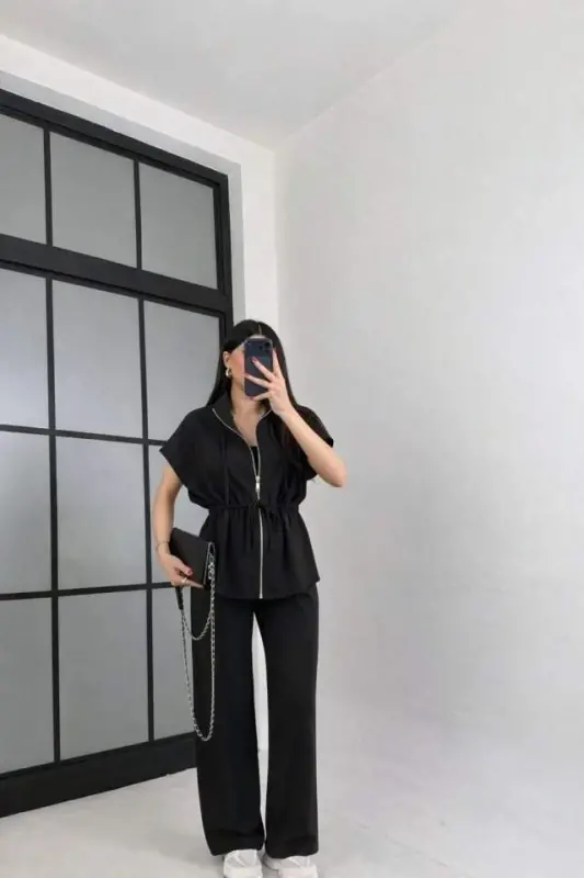 Kadın Yarasa Kol Fermuar Ve Lastikli Bağcık Detay Ceket Pantolon Ikili Takım - 3