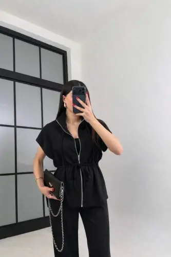 Kadın Yarasa Kol Fermuar Ve Lastikli Bağcık Detay Ceket Pantolon Ikili Takım - 4