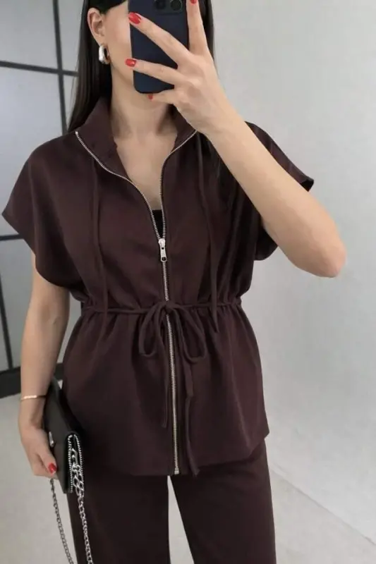 Kadın Yarasa Kol Fermuar Ve Lastikli Bağcık Detay Ceket Pantolon Ikili Takım - 1