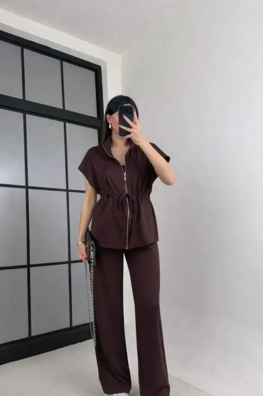 Kadın Yarasa Kol Fermuar Ve Lastikli Bağcık Detay Ceket Pantolon Ikili Takım - 2