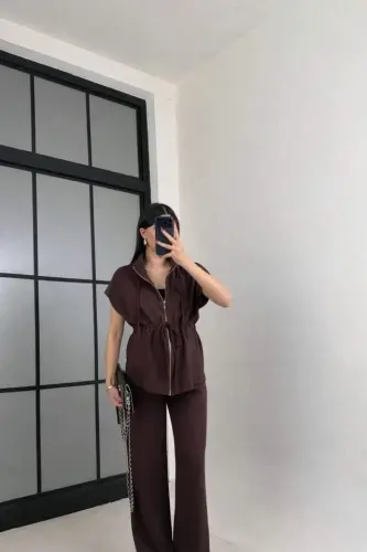 Kadın Yarasa Kol Fermuar Ve Lastikli Bağcık Detay Ceket Pantolon Ikili Takım - 3