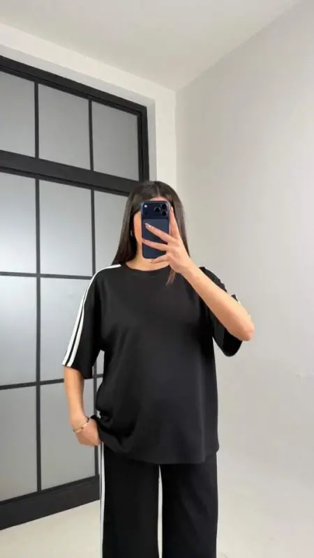 Kadın Yarasa Kol Yanları şerit Detay Modal Kumaş Ikili Takım - 4