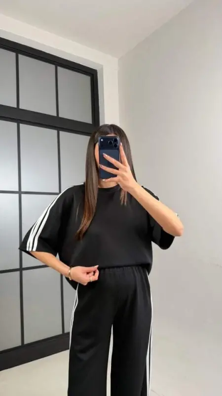 Kadın Yarasa Kol Yanları şerit Detay Modal Kumaş Ikili Takım - BÜYÜKBEDENIZ