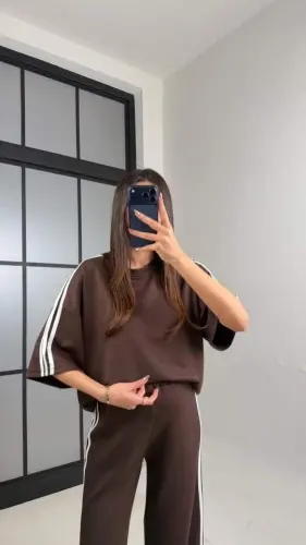 Kadın Yarasa Kol Yanları şerit Detay Modal Kumaş Ikili Takım - 1