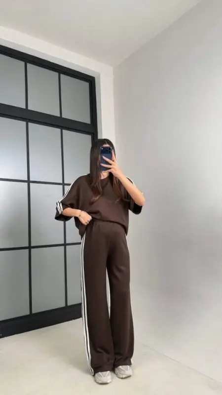 Kadın Yarasa Kol Yanları şerit Detay Modal Kumaş Ikili Takım - 2