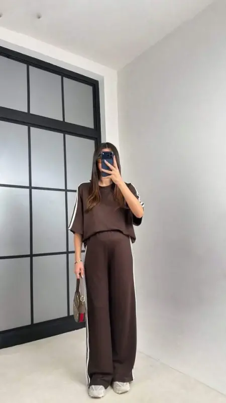 Kadın Yarasa Kol Yanları şerit Detay Modal Kumaş Ikili Takım - 3