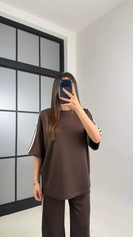 Kadın Yarasa Kol Yanları şerit Detay Modal Kumaş Ikili Takım - 4