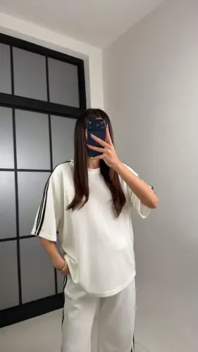 Kadın Yarasa Kol Yanları şerit Detay Modal Kumaş Ikili Takım - 4