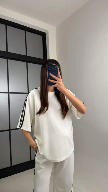 Kadın Yarasa Kol Yanları şerit Detay Modal Kumaş Ikili Takım - 4