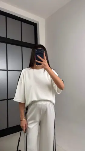 Kadın Yarasa Kol Yanları şerit Detay Modal Kumaş Ikili Takım - 3