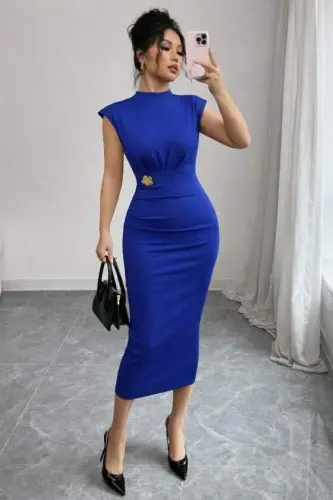 Kadın Yarı Balıkçı Yaka Kısa Kollu çicek Aksesuar Detaylı Midi Dalgıç Elbise - BÜYÜKBEDENIZ (1)